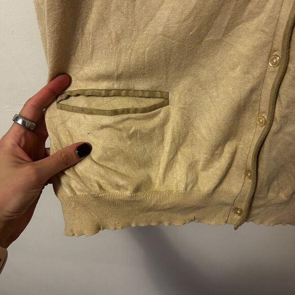 Lauren Ralph Lauren Cardigan Sweater Tan Silk Blend 3X Button Front Pockets - Picture 3 of 6